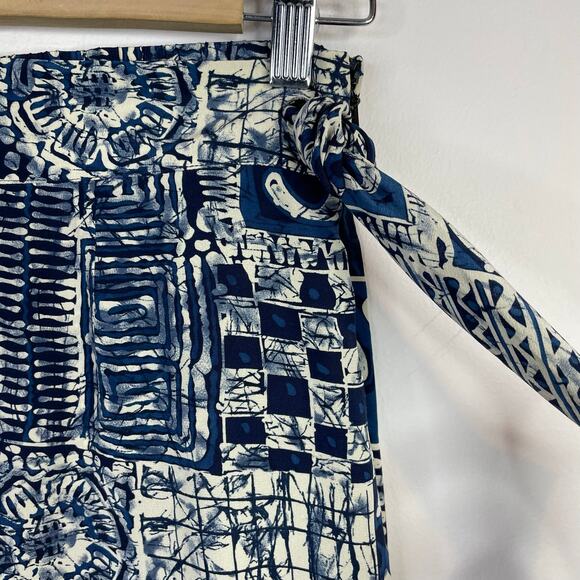 Vintage Silk Faux Wrap midi Skirt Blue Tribal Batik Artsy Tie Dye Patchwork L - Picture 4 of 8